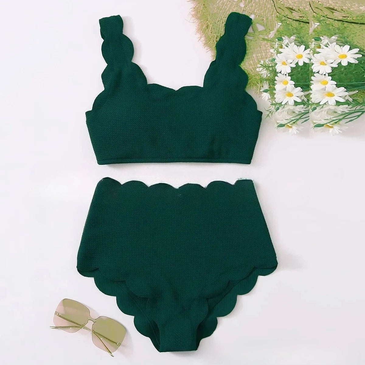 Simple Solid High Waist Bikini Women Swimsuit Fashion Floral Edge Split Bathing Suit 2025 New Casual Lady Two Pieces Beachwear