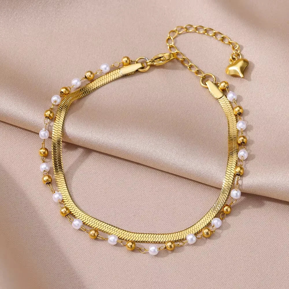 Boho Anklets for Women Summer Beach Accessories Stainless Steel Imitation Pearl Chain Anklet Gold Color Leg Bracelets Bodychain