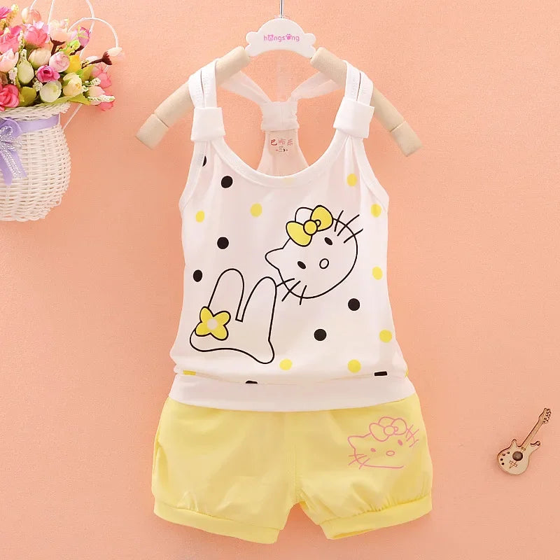 Baby Girls Summer Clothes Sets Infant Children Cartoon Hello Kitty Cotton Sleeveless T-Shirt Vest+Shorts Suits Toddler Clothing
