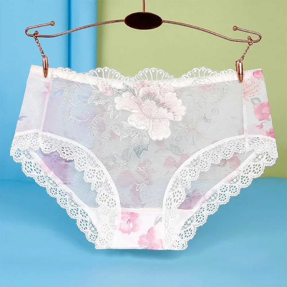 Women Sexy Lace Seamless Underwear Ladies Print Embroidery Underpant Transparent Briefs Panties Plus Size