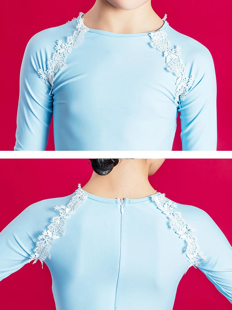 Kid Girls Latin Dance Clothing Outfit Sky Blue Long Sleeve Top Pants Set Cha Cha Samba Dance Training Performance Clothes