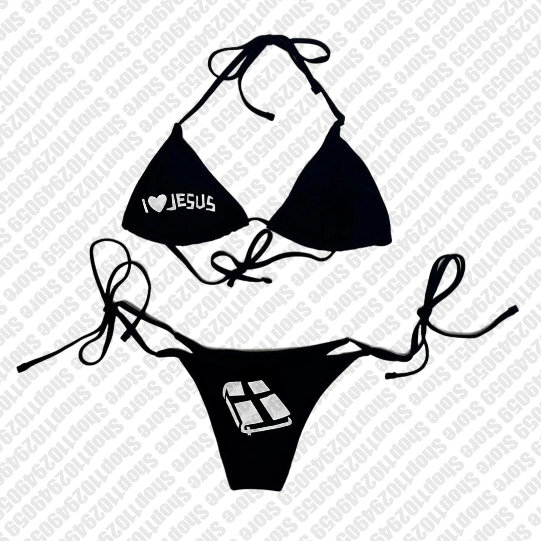 Y2k Style Letter Print Bikini Set Sexy Thong Swimsuit Two Pieces Bathing Suit Punk Gothic Fashion Women Swimwear 2000s Emo Girls