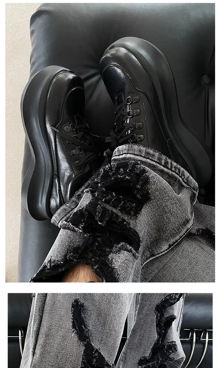 Thick soled 7CM raised leather shoes for men, black sports shoes for women, lightweight soft soled dad shoes for couples