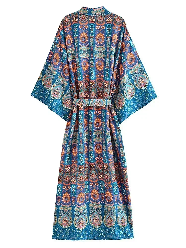 Vintage Chic Women Multi Floral Print Bohemian Kimono Robe Ladies V Neck Batwing Sleeves Boho Maxi Dress Bikini Cover-ups