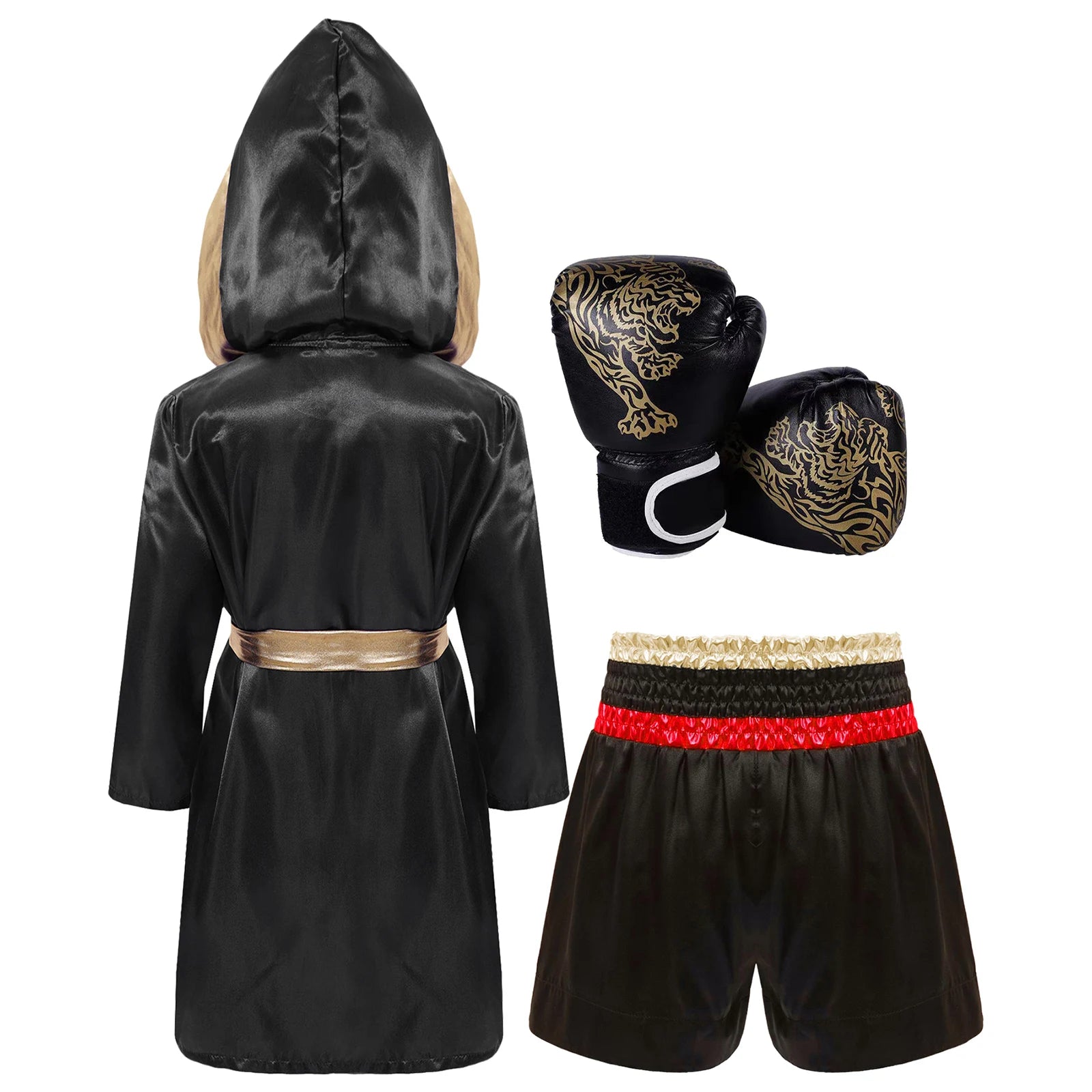 Kids Boys Boxing Training Outfit Long Sleeve Open Front Metallic Satin Robe Hooded Cloak with Athletic Shorts And Boxer Gloves