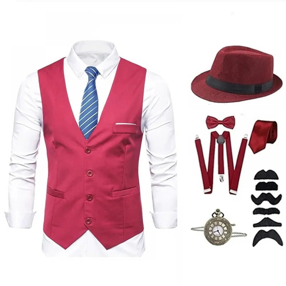 1920s Mens Accessories Set Retro Gangster Costume Tie Hat Vest Victorian Vintage Slim Waistcoat Set Halloween Party Outfits