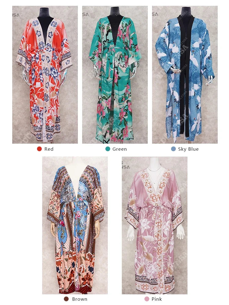2025 Bikini Cover-ups Pink Boho Print Self Belted Front Open Long Kimono Dress Beach Tunic Women Swim Suit Cover Up Dress