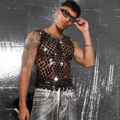 Funkelnde, diamantbesetzte, durchsichtige Weste für Herren – neuer, sexy Sommer-Style, perfekt für Club und Party: Netzoberteil mit Perlenbesatz