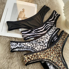 Women Low Waist Lace Panties Leopard-print Sexy Underwear Women Seamless Silk Cotton Hollow Out Thongs Female Briefs Underwear