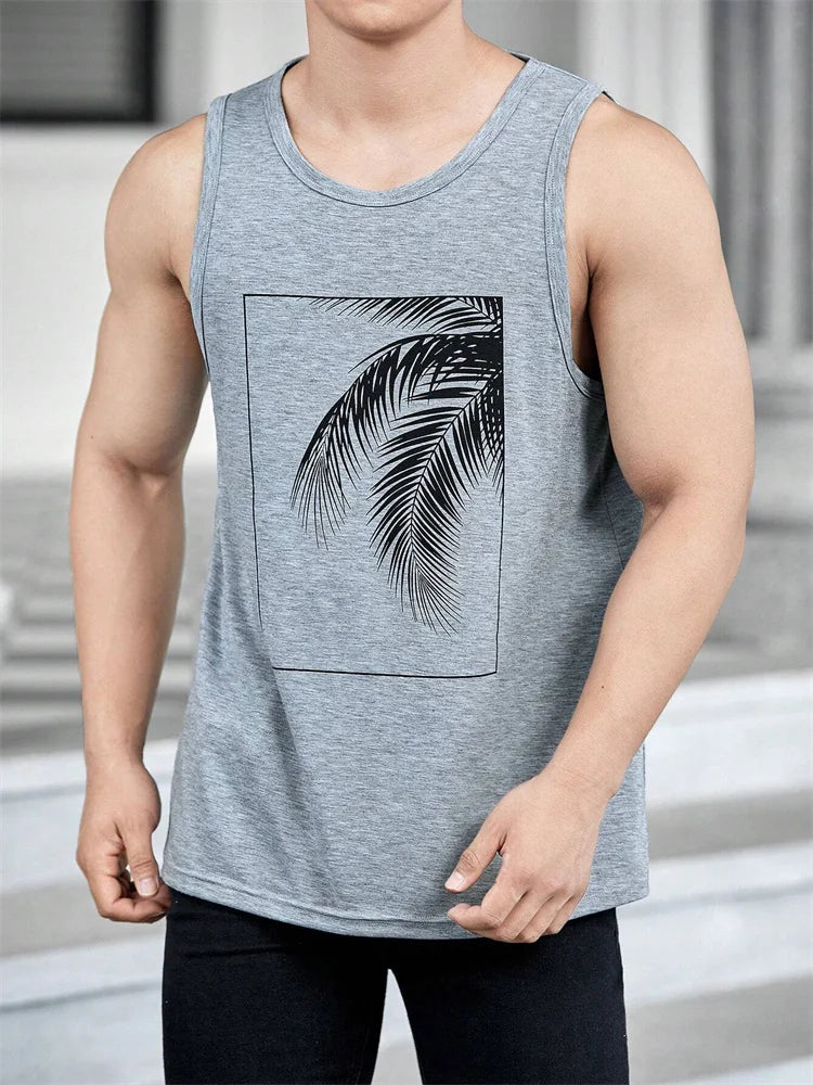 2024 Men's Summer O-neck Vest Breathable Coconut Leaf Print Sports Fitness Vest Quick Dry Hawaiian Sleeveless Vest For Men