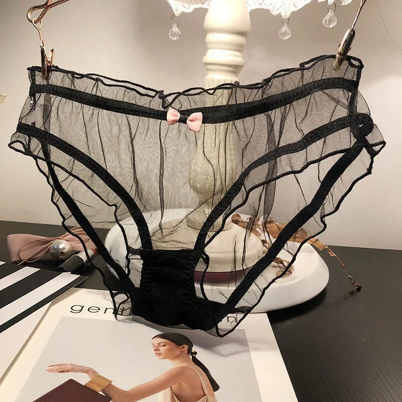 Sexy Women Transparent Panties Pink Bow Cotton Crotch Briefs Female Mesh Breathable Underwear Wave Edged Hollow Out Underpants