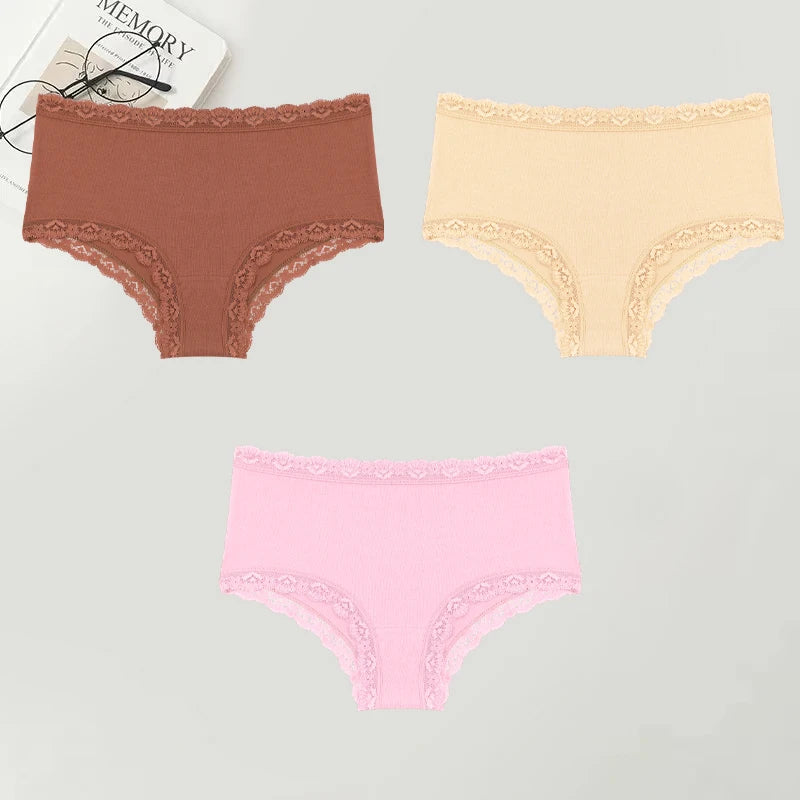 3PCS Women Cotton Lace Underwear Sexy Breathable Solid Panties S-XXL Low-Waist Seamless Briefs Girls Sports Soft Lingerie New