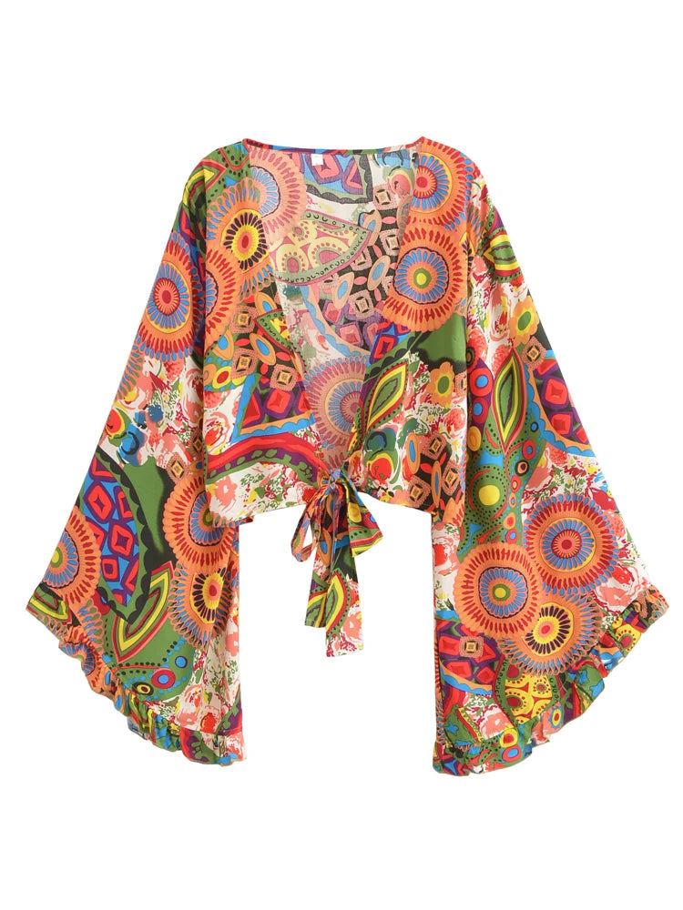 Boho Vintage Floral Print Beach Summer Short Kimono Women 2025 Fashion Ruffles Flare Sleeves Vacation Bohemian Bikini Cover-ups