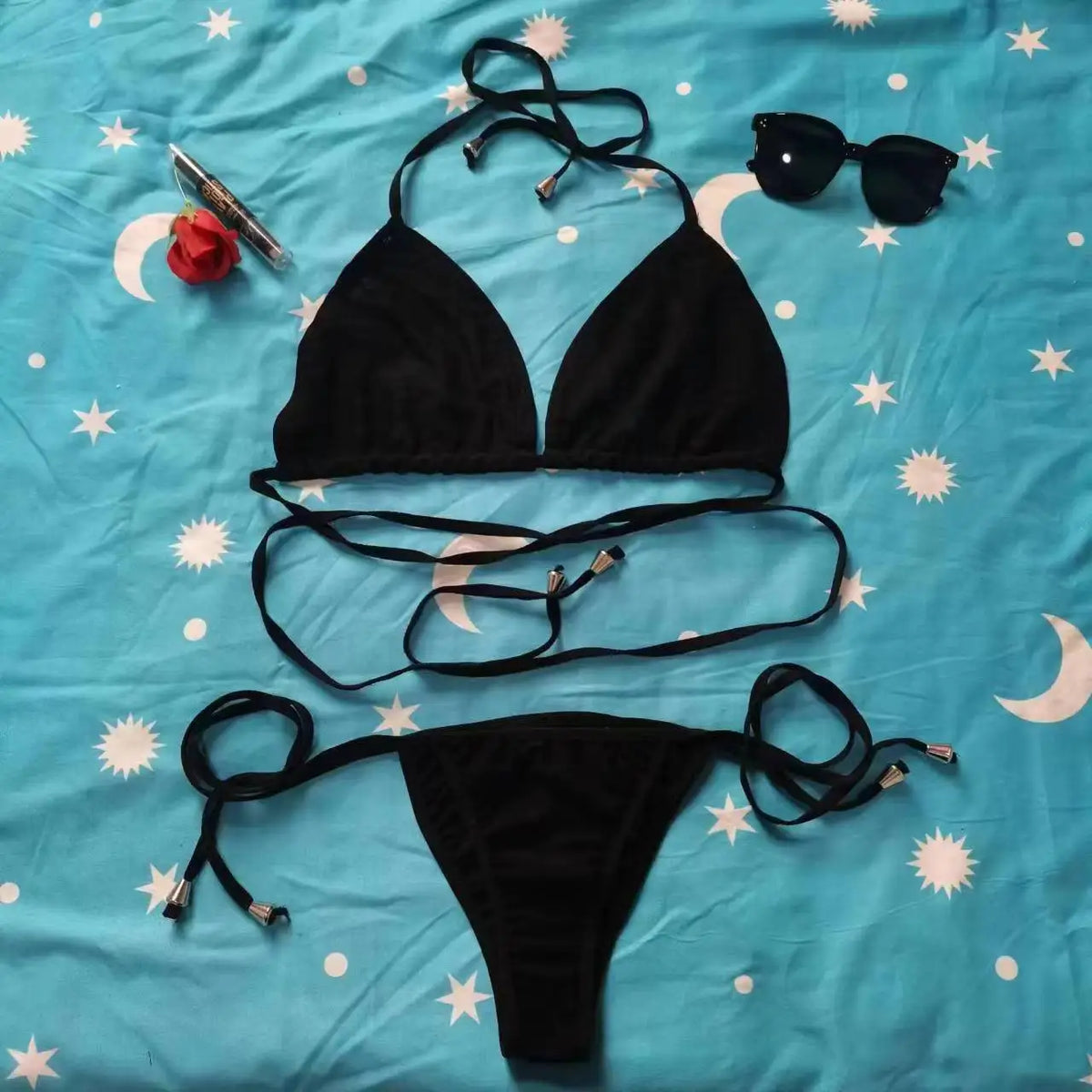 Women's Sexy Beach Bath Sunbathing Rope Two Piece Bikini Swimsuit Sexy Swimsuit Halter Neck Triangle Top String Bikini Set