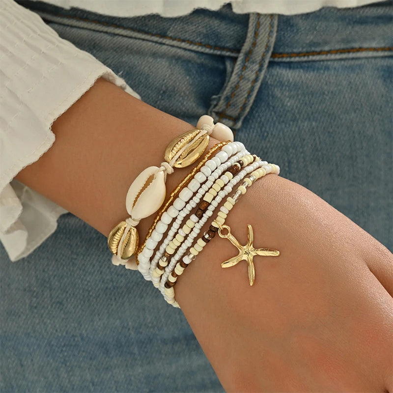 7Pcs Bohemian Style Starfish Shell Hand Woven Bracelet For Women Girls Fashion Beaded Bracelet Summer Beach Vacation Accessories