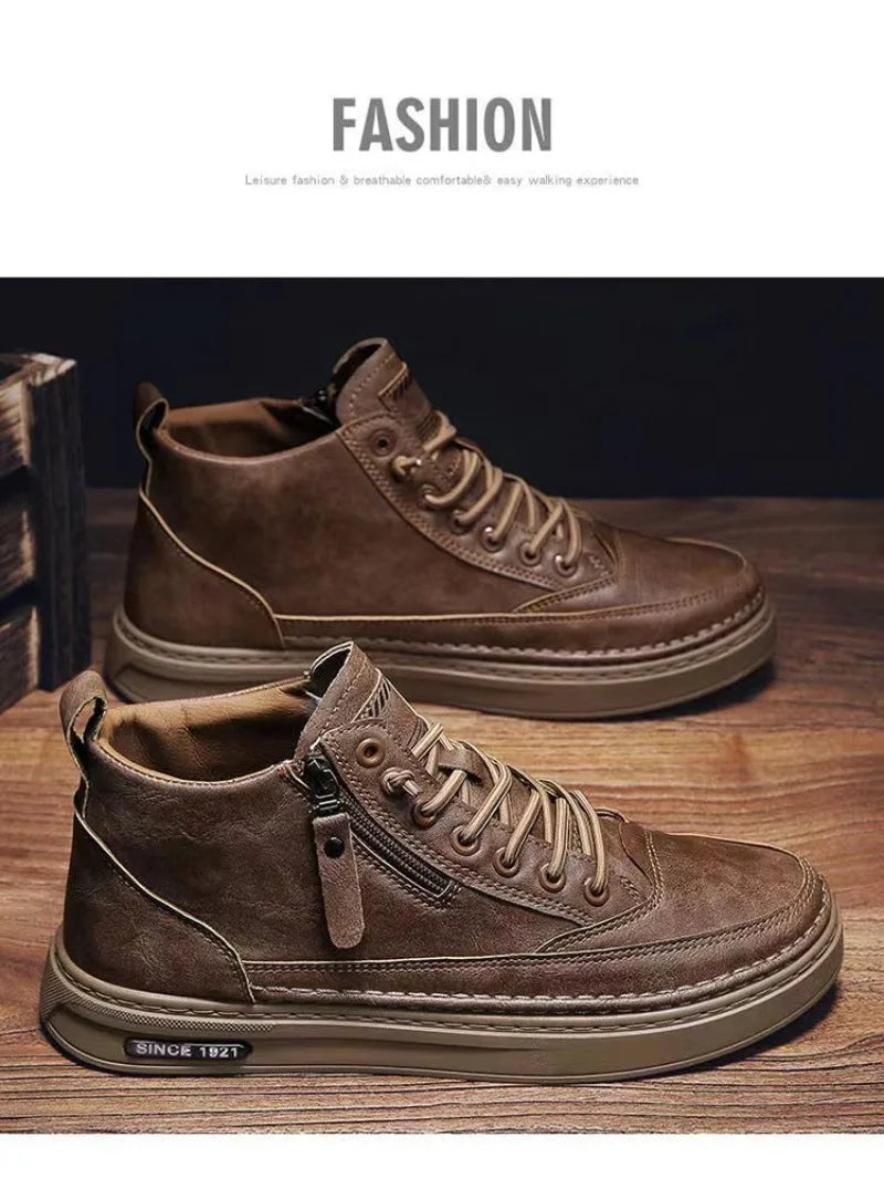 Men's Shoes Fashion High Top Sneakers PU Leather Casual Shoes for Men Platform Boots Retro Zipper Ankle Boots Zapatillas Hombre