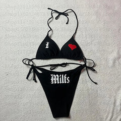 Y2k Style Letter Print Bikini Set Sexy Thong Swimsuit Two Pieces Bathing Suit Punk Gothic Fashion Women Swimwear 2000s Emo Girls