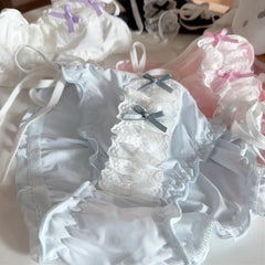 Women Underwear Japan Style Ruffle Cut Low Waist Lace Up Panties Sexy Lace Up Sweet Double Dow Breathable Soft Ice Silk Brief