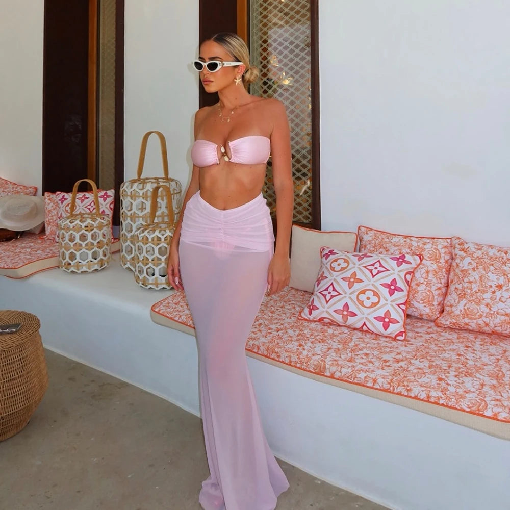 3 Pieces Bikini Set Solid Long Skirt Women Swimwear 2024 Sexy Bikinis Bandeau Beachwear Bodysuit Micro Thong Biquini Female