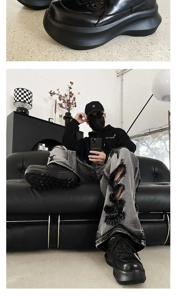Thick soled 7CM raised leather shoes for men, black sports shoes for women, lightweight soft soled dad shoes for couples