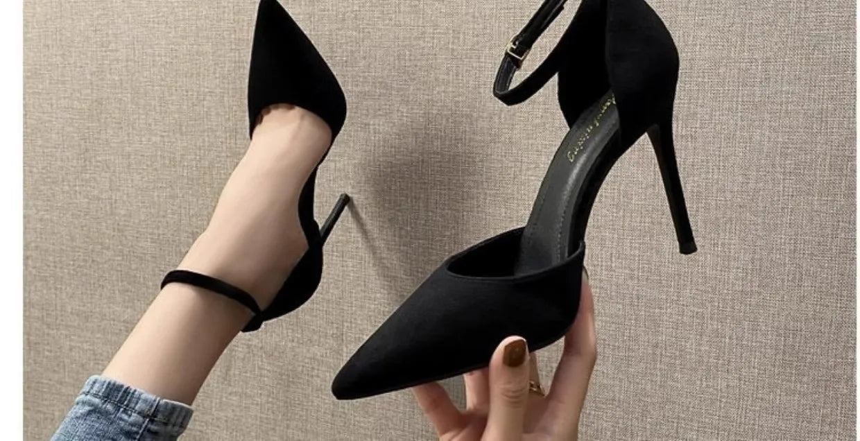 Spring and Autumn High Heel Women 2024 New Versatile Thin Heel Professional L Pointed Black Buckle Strap Single Shoe Women
