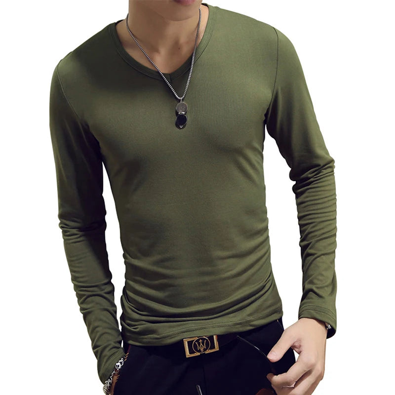2020 Elastic Mens T-Shirt O-Neck Round Neck Long Sleeve Men T-Shirt For Male Lycra And Cotton T-Shirts Man Clothing