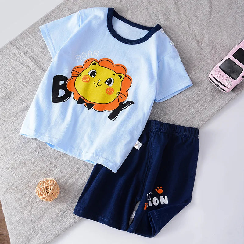 Baby Boys Sets Cool Casual Costume Tops Summer Clothing Pink Loose Tees+shorts Kids Short Sleeve Shorts Outfits Cartoon Tshirt