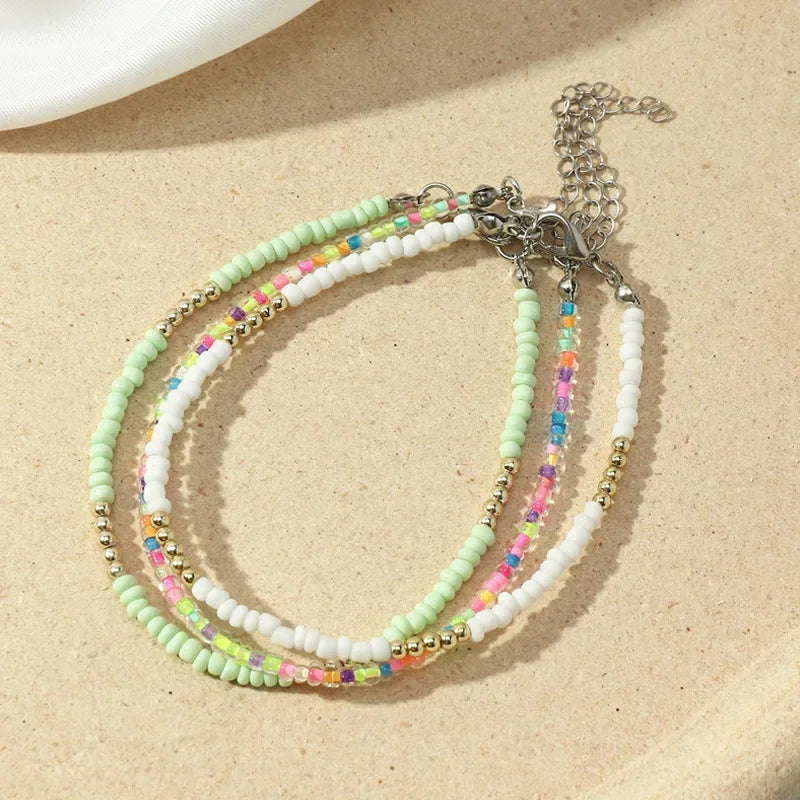 3Pcs/Set Bohemian Colorful Beaded Beads Anklets for Women Summer Ocean Beach Handmade Ankle Bracelet Foot Leg Beach Chain Gift