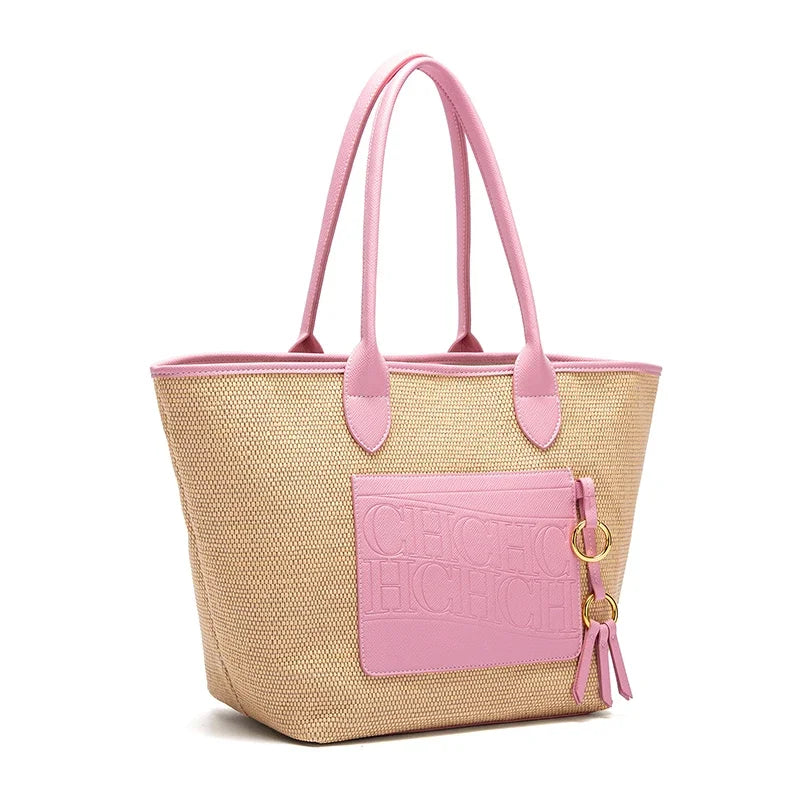 Beach Vacation Women's Tote Bag 2025 New Summer PP Grass Weaving Splicing Design Large Capacity Handbag