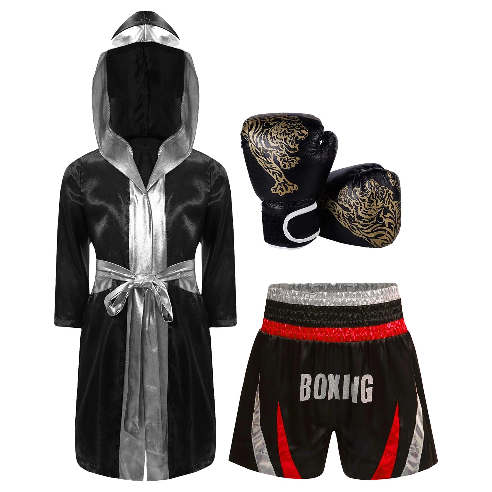 Kids Boys Boxing Training Outfit Long Sleeve Open Front Metallic Satin Robe Hooded Cloak with Athletic Shorts And Boxer Gloves