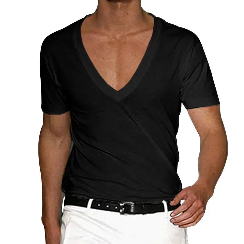 European and American Mens V Neck Sports T-Shirt Summer Cultivate One's Self Casual Solid Color Street Short Sleeve T-Shirt Top