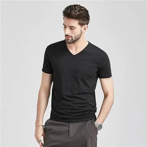 Summer Fashion Luxury Brand T-Shirts for Men with V-Neck Short Sleeves and Ice Silk Modal Fabric Gym Golf Clothing Men Tops