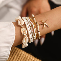 7Pcs/Set Bohemian   Recreational Starfish Shell Woven Bracelet Set For Women Summer Beach Vacation Accessories