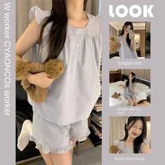 Striped Undershirt Pajamas Women's Sleeveless Shorts Thin Section Small Fly Sleeve Sweet Homewear Ladies Sleepwear Loungewear