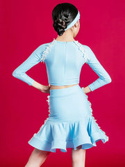 Kid Girls Latin Dance Clothing Outfit Sky Blue Long Sleeve Top Pants Set Cha Cha Samba Dance Training Performance Clothes