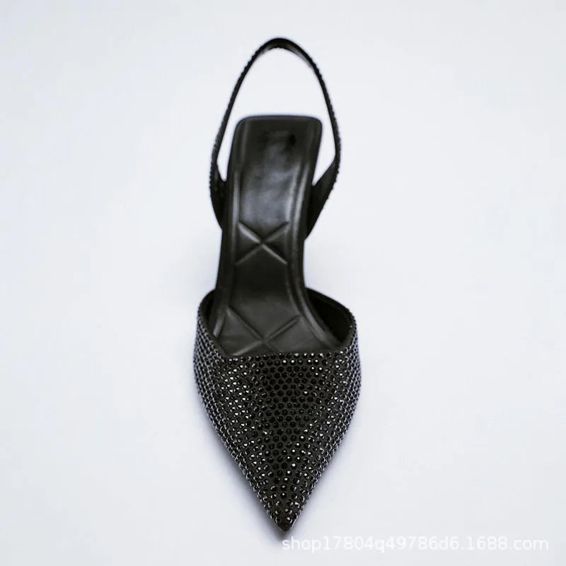 Gold Women Heels Sandals 2023 Summer Crystal Pointed Toe Female Stiletto African Party Rhinestone Shallow Slip On Heel Shoes