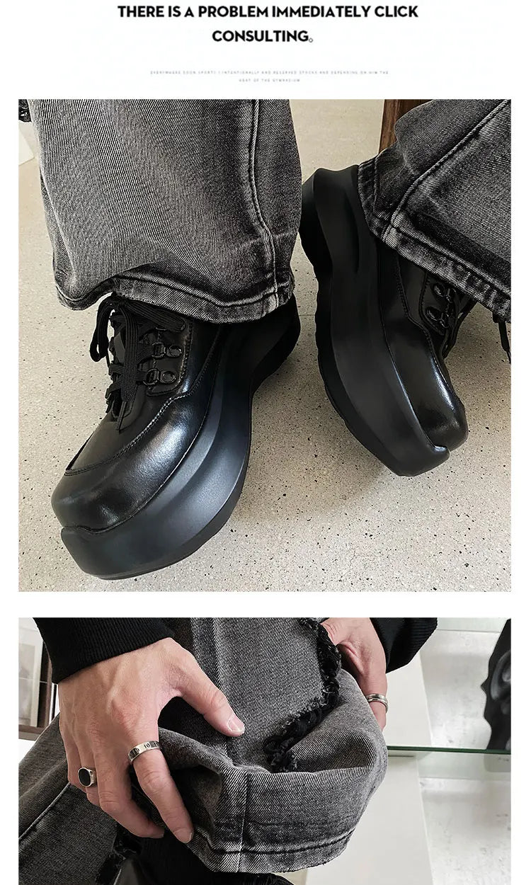 Thick soled 7CM raised leather shoes for men, black sports shoes for women, lightweight soft soled dad shoes for couples