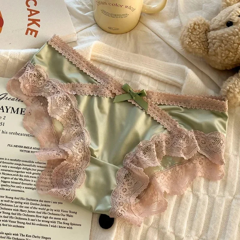 French Lace Underwear Pure Cotton Crotch Satin Sexy Triangle Panties Women's Innerwear Comfortable Breathable Ladies Briefs