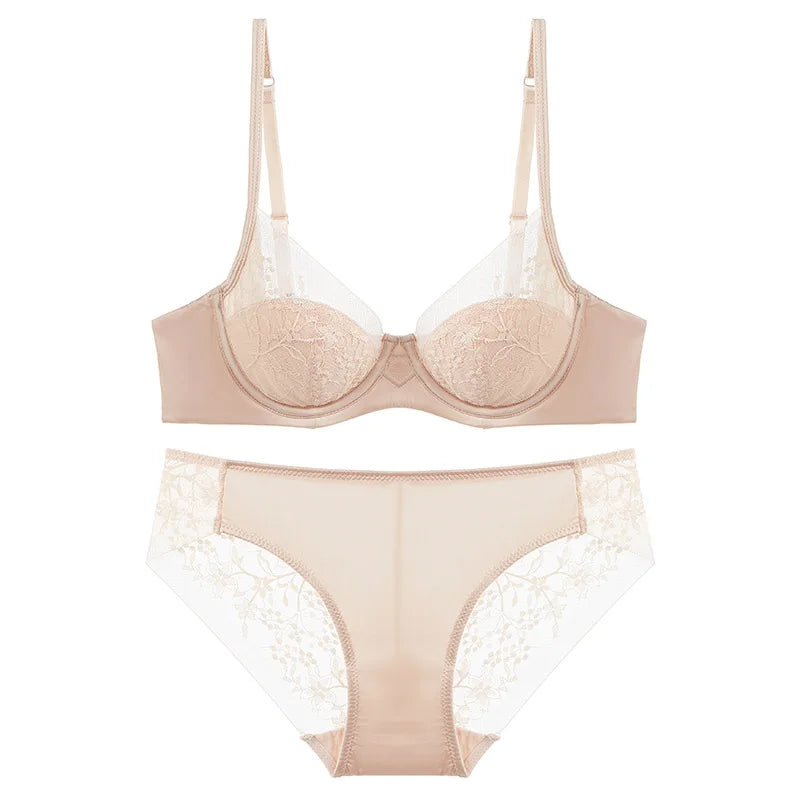 Luxuriöses Damen-Dessous-Set: Sexy Unterwäsche mit Spitzenstickerei, französischer Push-up-BH mit dünnen Cups, atmungsaktives Sommer-Mesh-Dessous-Set