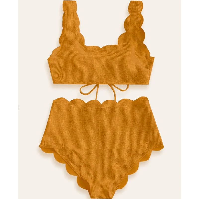 Simple Solid High Waist Bikini Women Swimsuit Fashion Floral Edge Split Bathing Suit 2025 New Casual Lady Two Pieces Beachwear