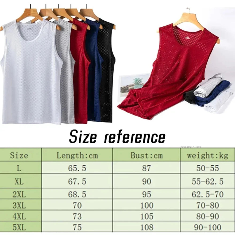 Men Ice Silk Mesh Summer Thin Sleeveless Shirt Round Neck Breathable Sports Fitness T-Shirt Bottom Korean Mena Tank T-shirts
