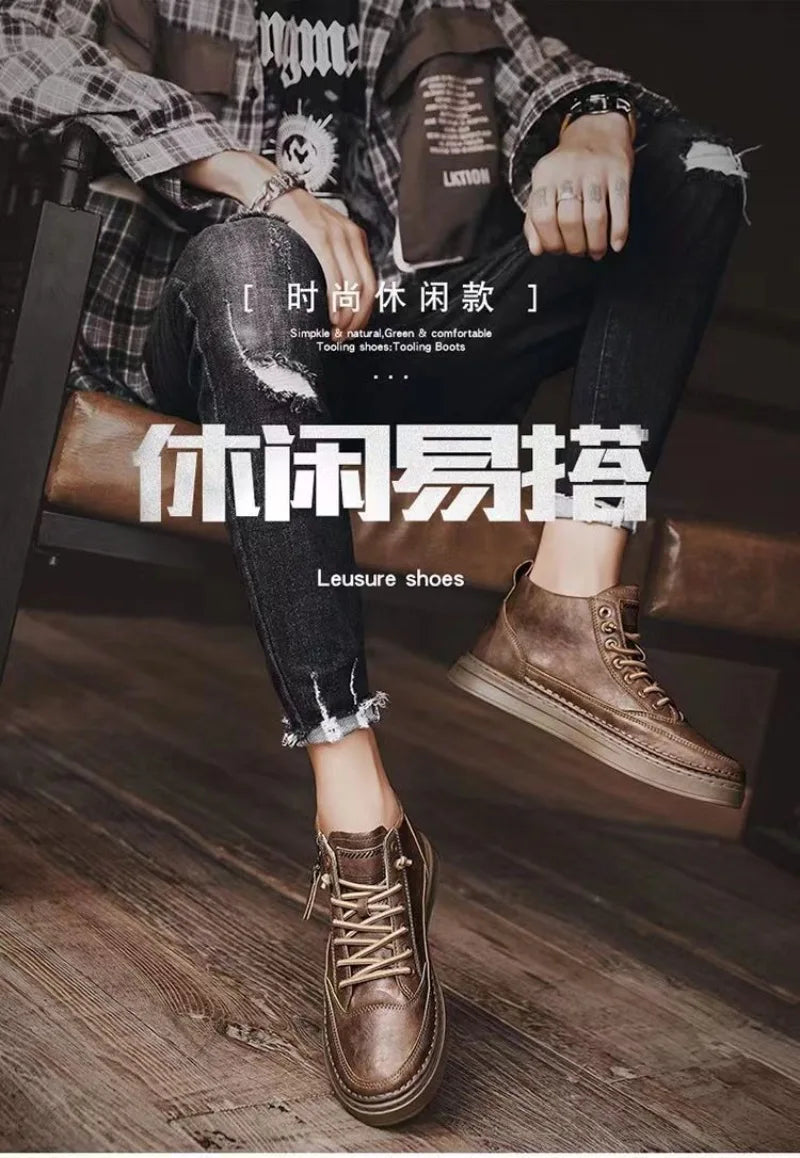 Men's Shoes Fashion High Top Sneakers PU Leather Casual Shoes for Men Platform Boots Retro Zipper Ankle Boots Zapatillas Hombre