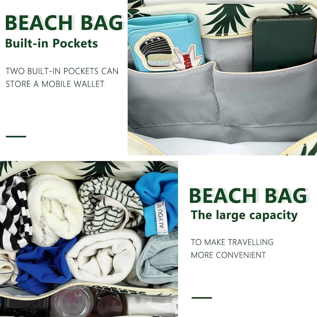 Beach Tote Bag Women，Foldable Travel Bag with Anti-Sand Pocket Lightweight Storage Bag for Gym/Shopping Packable in Carry-On