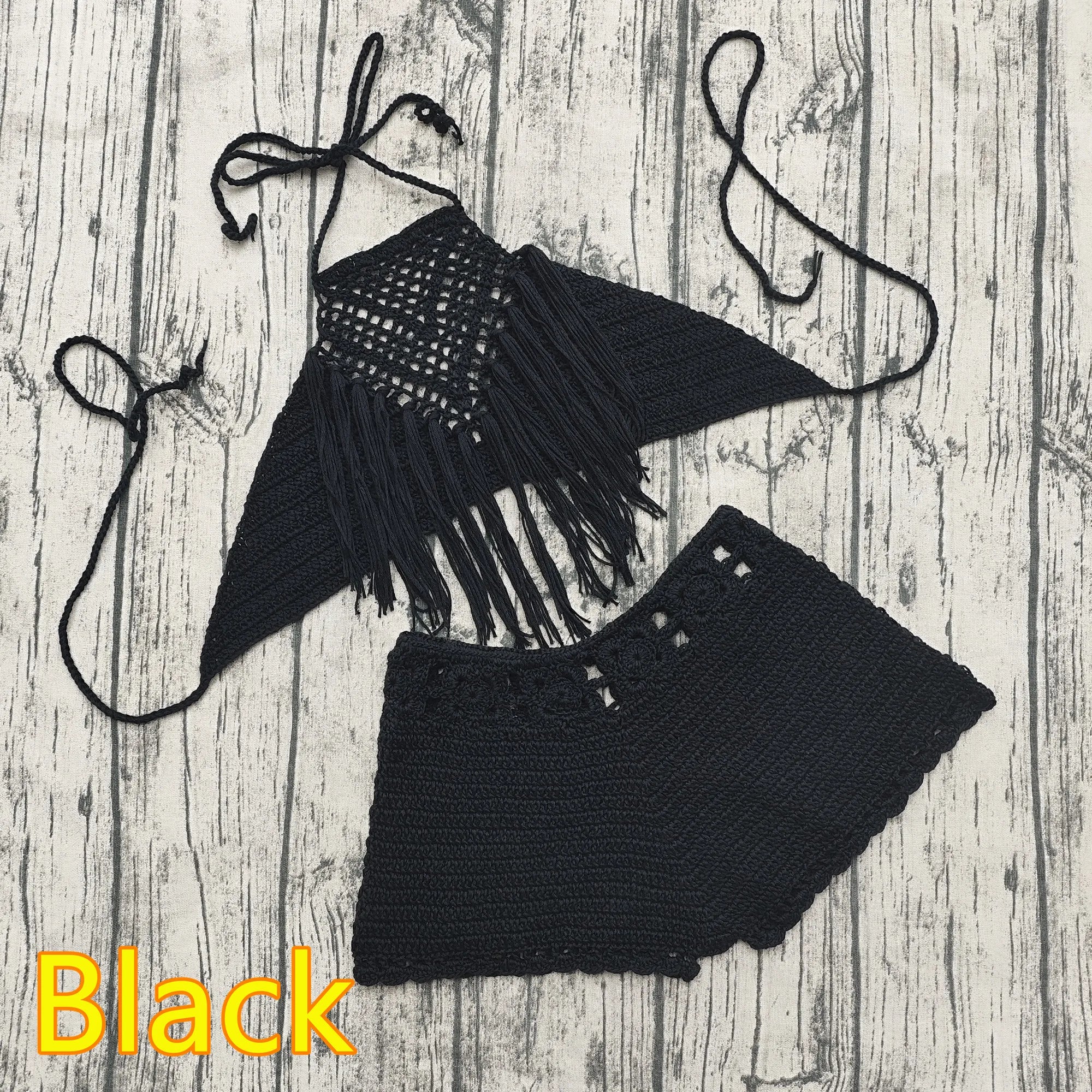 Hand Crochet Beach Bikini Set Women Short Swimwear Sexy Tassel