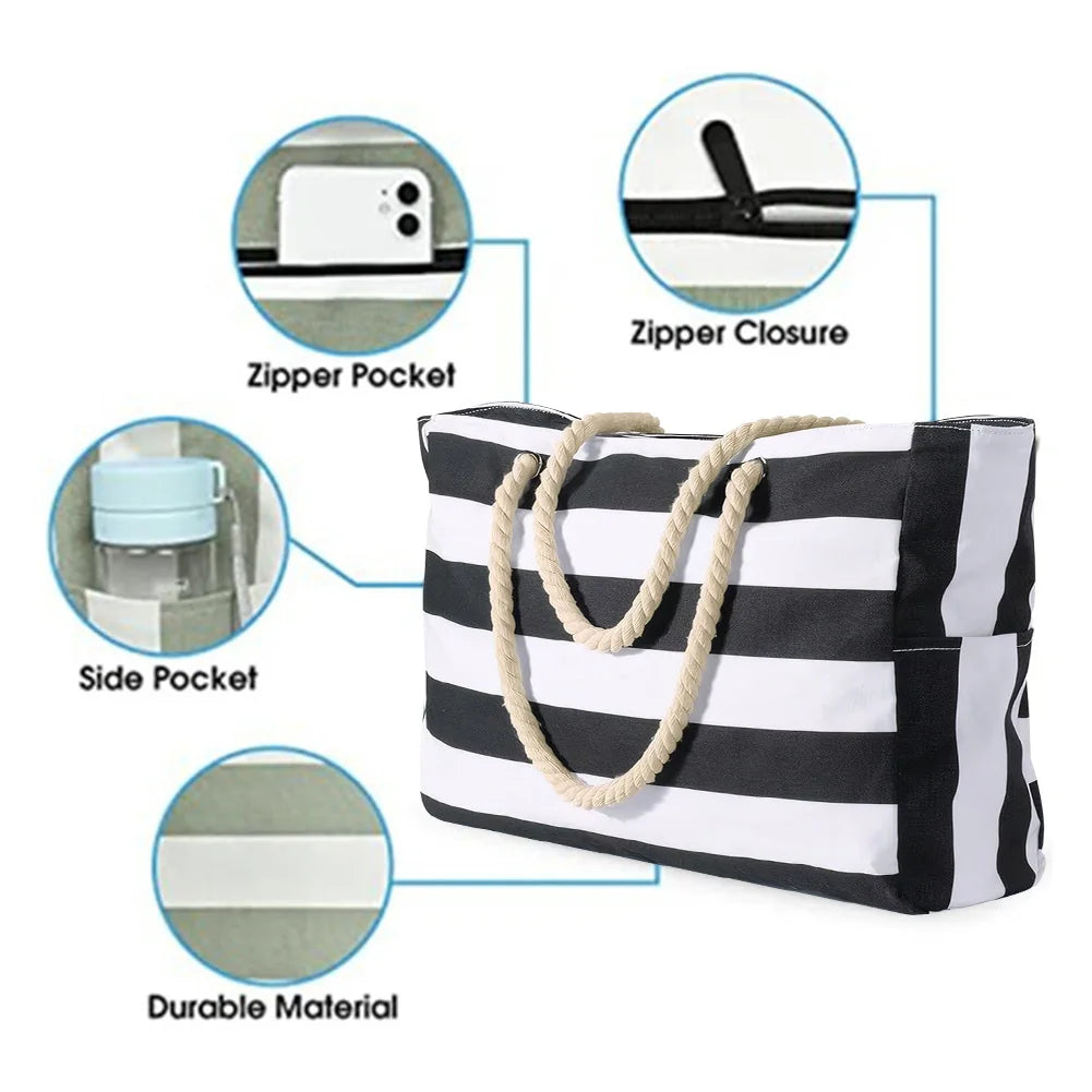 Beach Bags for Women Large Waterproof Beach Tote Bag with Zipper Travel Shoulder Bags Sandproof Swim Pool Large Tote Bag