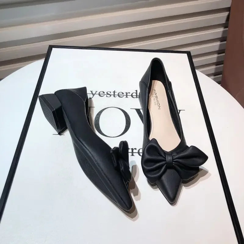 Shoes for Women Low Heel Elegant Woman Pumps Pointed Toe With Bow Fashion Summer 2024 Footwear Discount Shoe Slip On Wholesale