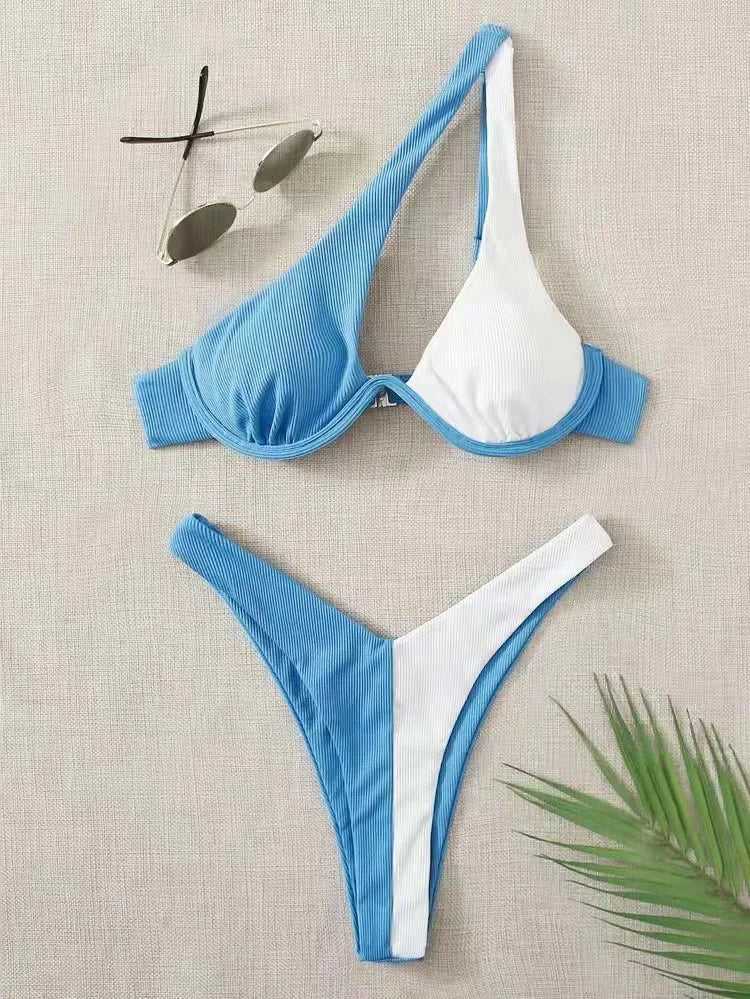 2024 Luxury Two-Pieces Solid Patchwork Underwire Push Up One Shoulder Cut Out Beachwear Swimwear Biqunis Brazilian Thong Bikinis