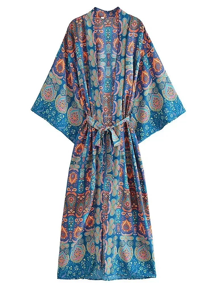 Vintage Chic Women Multi Floral Print Bohemian Kimono Robe Ladies V Neck Batwing Sleeves Boho Maxi Dress Bikini Cover-ups