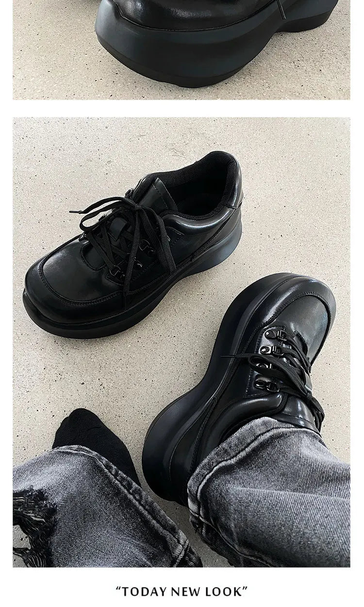 Thick soled 7CM raised leather shoes for men, black sports shoes for women, lightweight soft soled dad shoes for couples