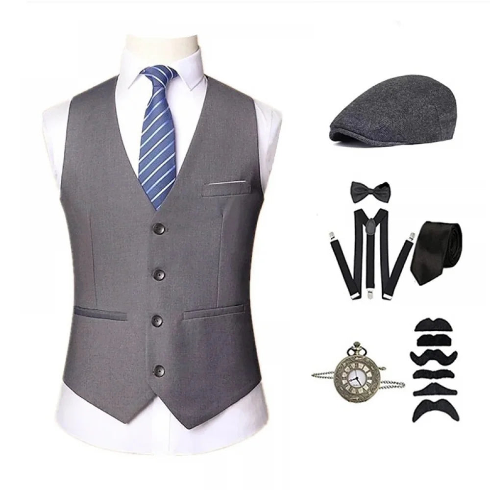 1920s Mens Accessories Set Retro Gangster Costume Tie Hat Vest Victorian Vintage Slim Waistcoat Set Halloween Party Outfits